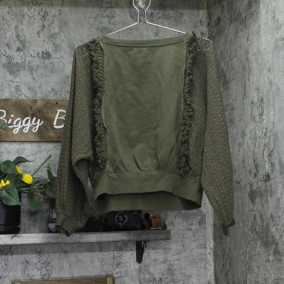 Free People Fringe Pullover Cropped Sweater Cotton Dolman Sleeve Green XS - Picture 2 of 7